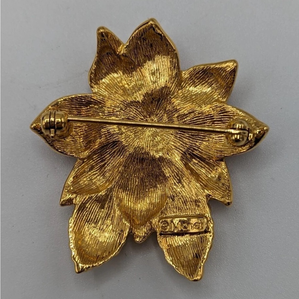 Monet Red and Gold Rhinestone Poinsettia Brooch - Picture 7 of 10